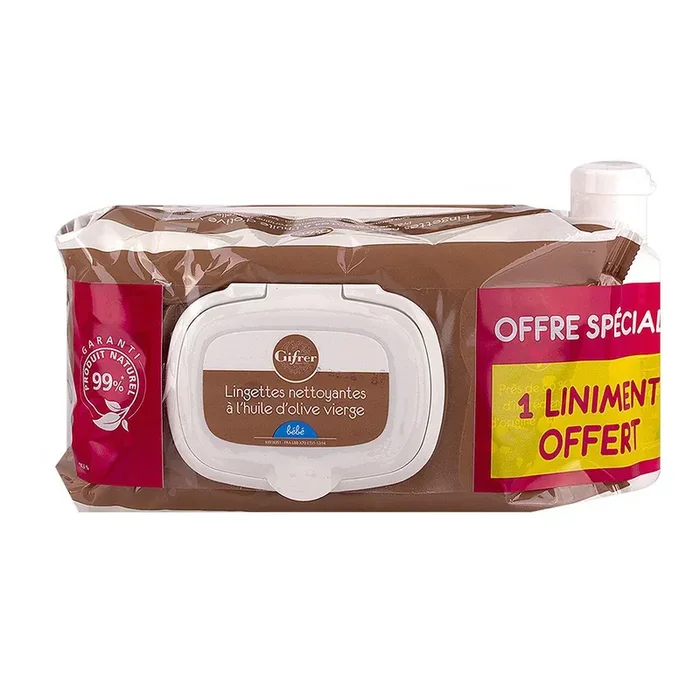 2×70 Lingettes bébé huile d‘olive vierge + liniment oléo-calcaire offert