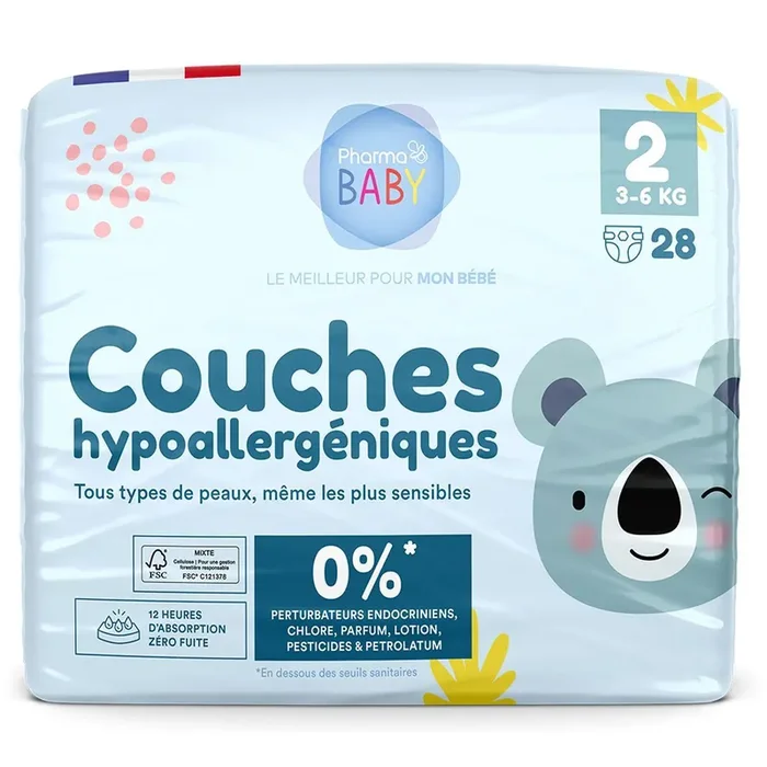 28 couches hypoallergéniques 3-6 kg toute peau taille 2