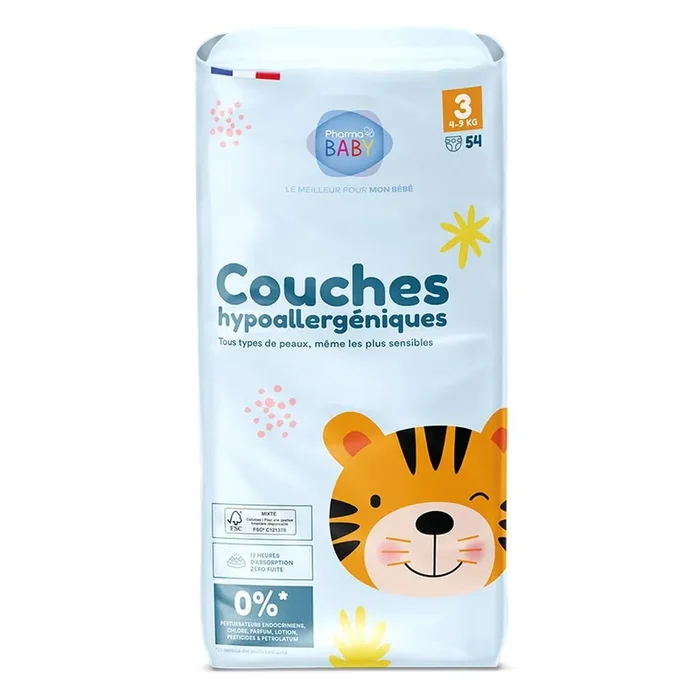 54 couches hypoallergéniques 4-9 kg toute peau taille 3