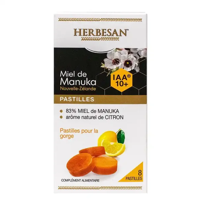 8 pastilles gorge 83% miel de Manuka arôme citron