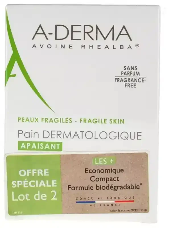 A-Derma Les Indispensables Pain Dermatologique Nettoyant Apaisant au Lait d‘Avoine Offre Spéciale Duo 2 x 100 g