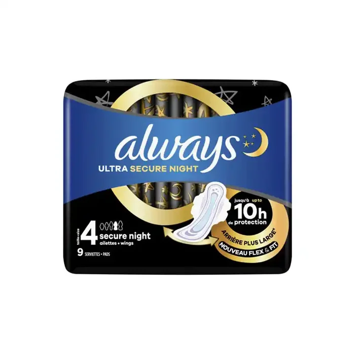 Always Ultra Secure Night taille 4 – 9 serviettes avec ailettes