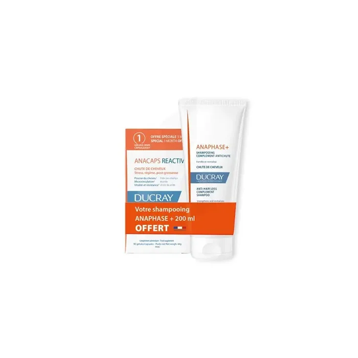 ANACAPS REACTIV CHUTE DE CHEVEUX 90 GELULES + ANAPHASE+ SHAMPOOING 200ML OFFERT DUCRAY