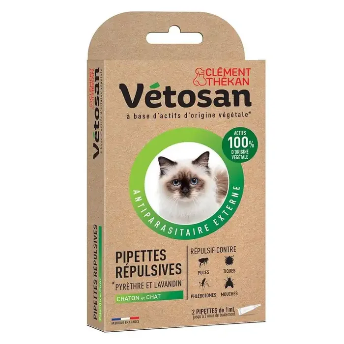 Anti-Puces Anti-Tiques Chat et Chaton 2 Pipettes Vétosan Clement-Thekan
