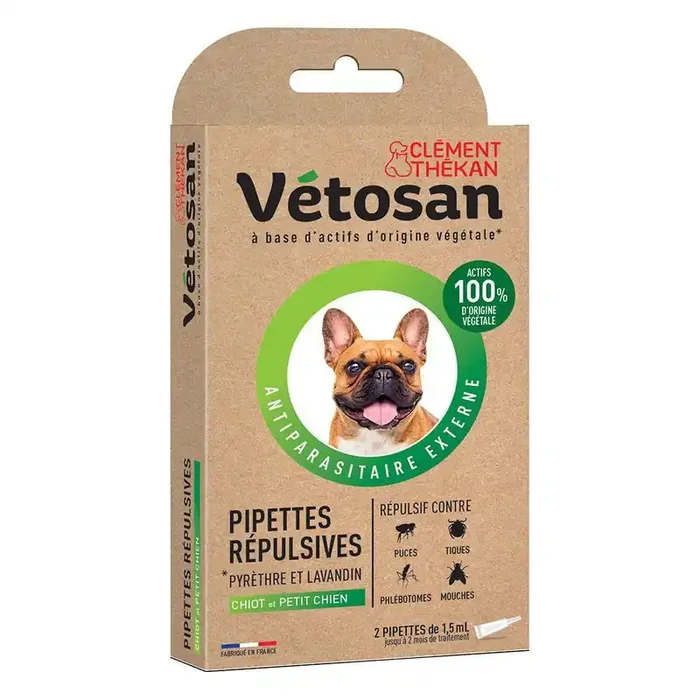 Anti-Puces Anti-Tiques Chiot Petit Chien 2 Pipettes 1.5ml Vétosan Clement-Thekan