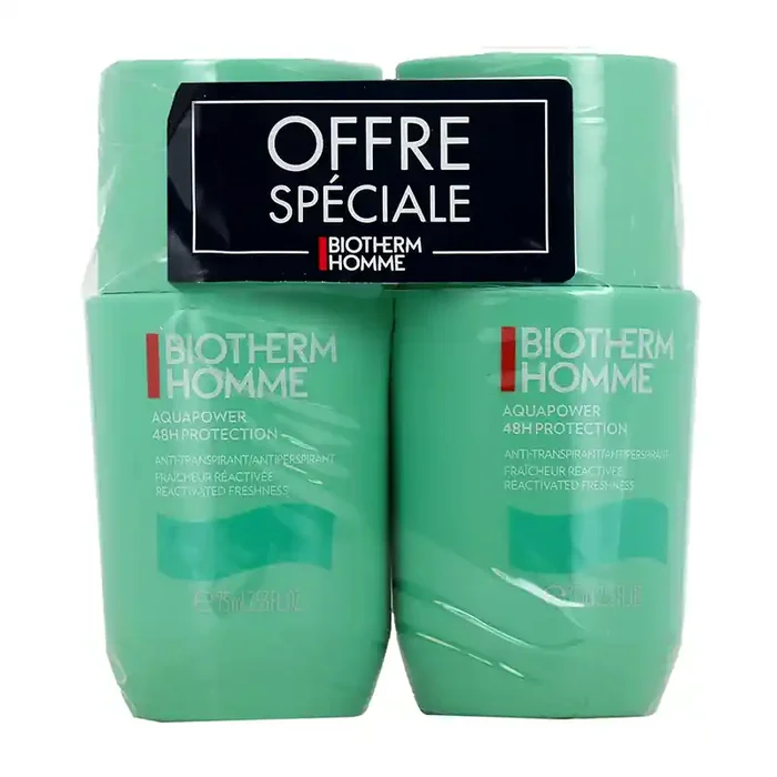 AQUAPOWER HOMME ROLL ON ANTI TRANSPIRANT ICE COOLING EFFECT LOT 2X75ML BIOTHERM