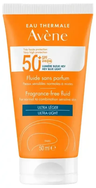 Avène Eau Thermale – Solaire – Fluide 50+ Uvb Uva Lumière Bleue Hev Peaux Sensibles Normales Sans Parfum 50 ml