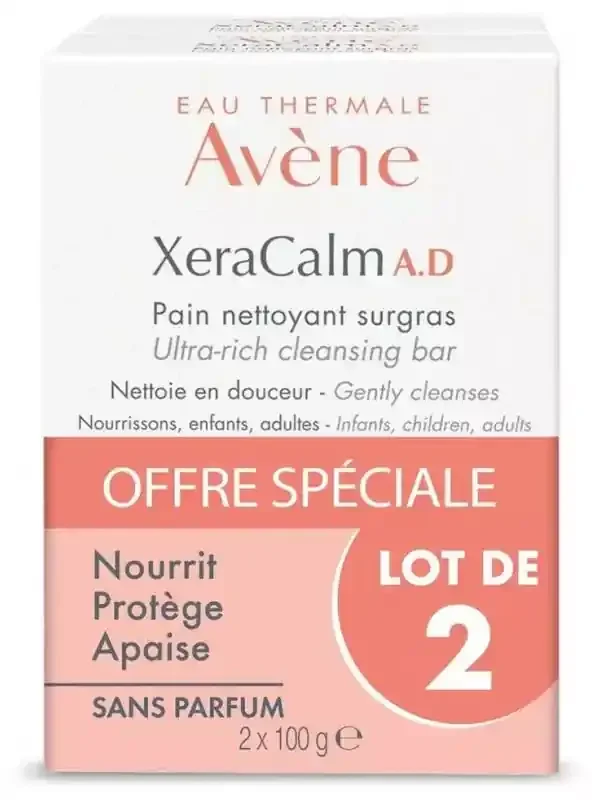 Avène Xeracalm Ad Eau Thermale – Xeracalm A.d – Pain Nettoyant Surgras – Peaux Trèsèches Sujettes à l‘Eczéma Atopique et Aux Démangeaisons Offre Spéciale Duo 2 x 100 g