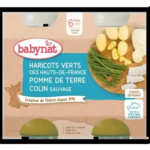 BABYBIO PETITS POTS + 6 Mois Haricots Verts Pomme de Terre Colin – 2x200g