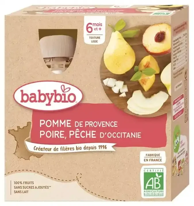 Babybio Pomme de Nouvelle-Aquitaine Poire de Provence Pêche d‘Occitanie
