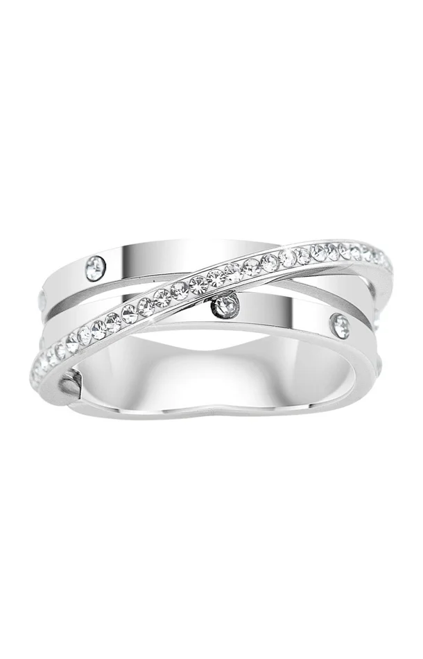Bague 3 anneaux croisés – Acier inoxydable & cristaux – Argenté