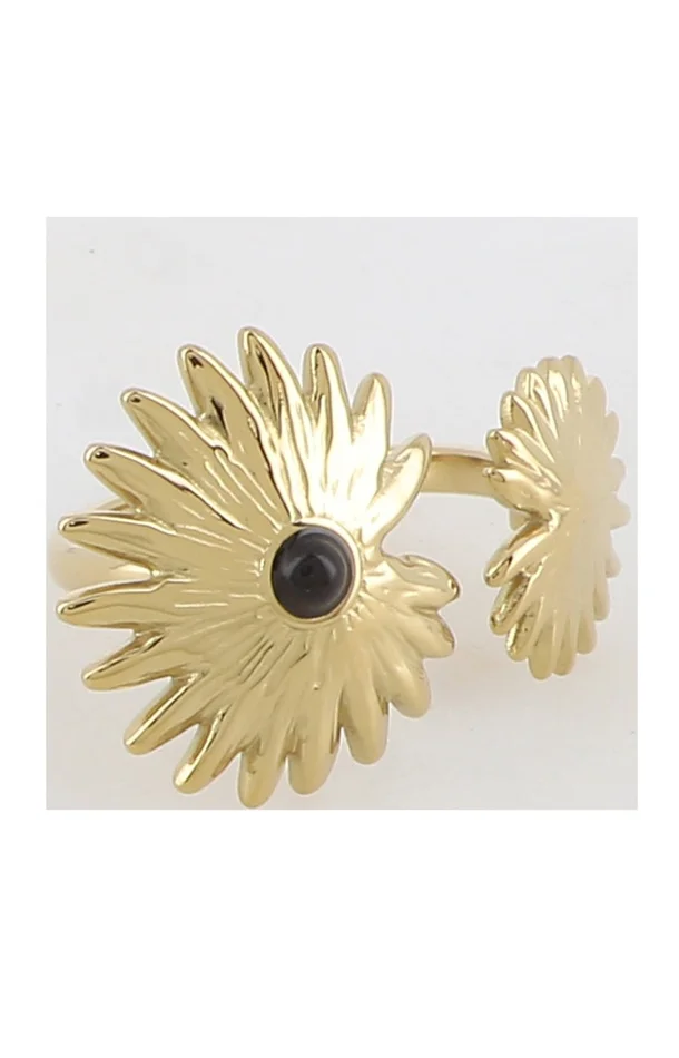 bague – Acier inoxydable doré & agate noir