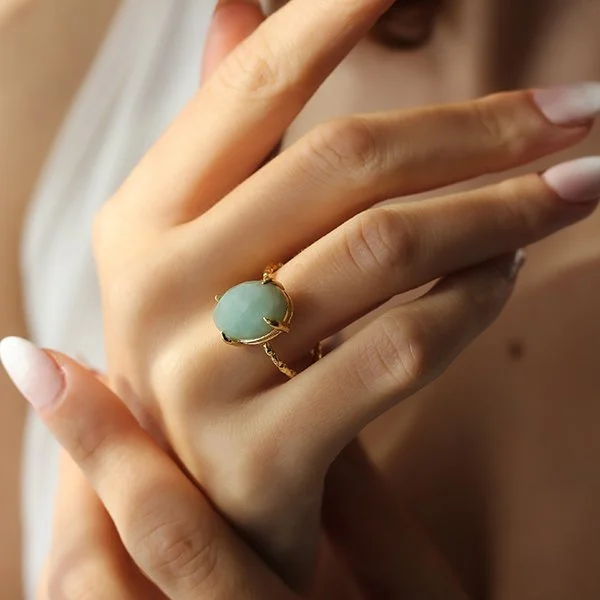 Bague – Laiton plaqué or & amazonite
