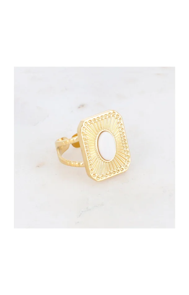 Bague ajustable – Acier inoxydable & jade – Doré & blanc