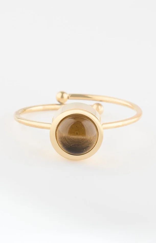 Bague ajustable – Acier inoxydable & quartz fumé – Doré & marron