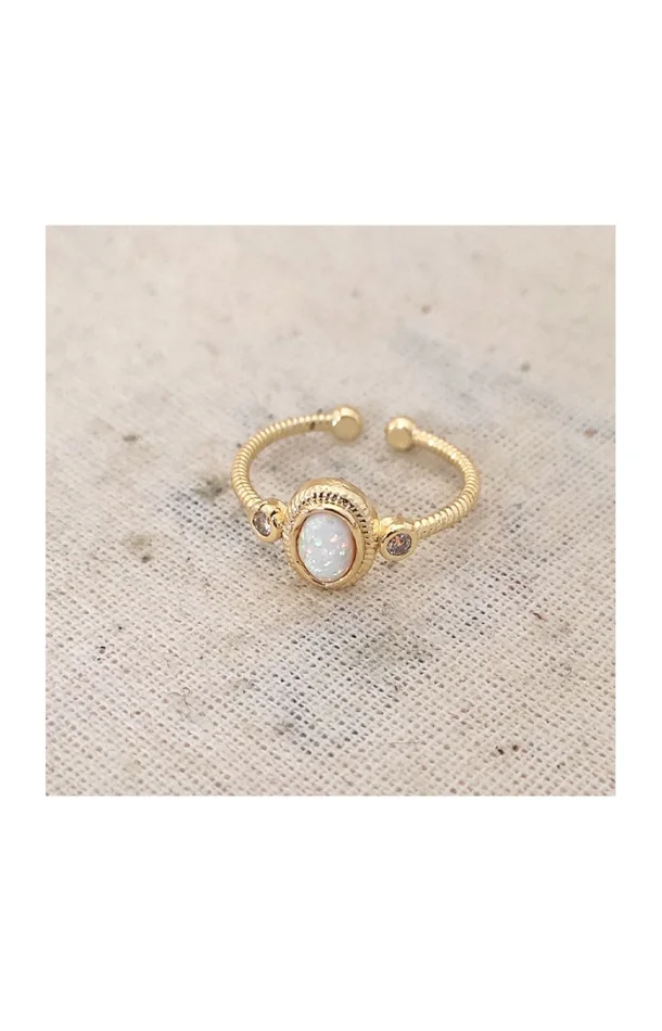 Bague ajustable – Laiton plaqué or & pierre d’opale