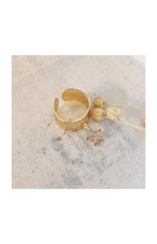 Bague ajustable avec pendentif étoile – Laiton plaqué or & zirconiums