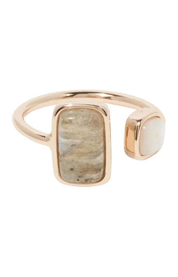 Bague ajustable Eva – Laiton doré, labradorite & nacre