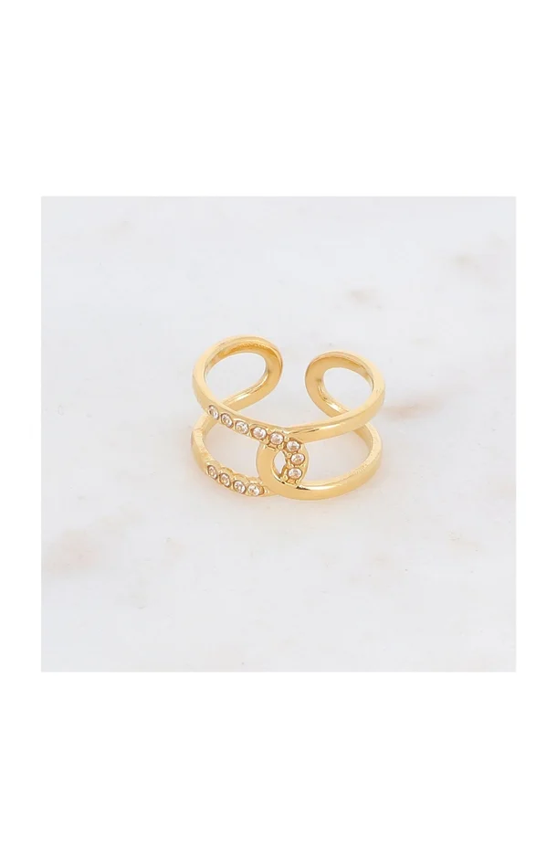 Bague double rangs – Acier inoxydable & strass – Doré & blanc