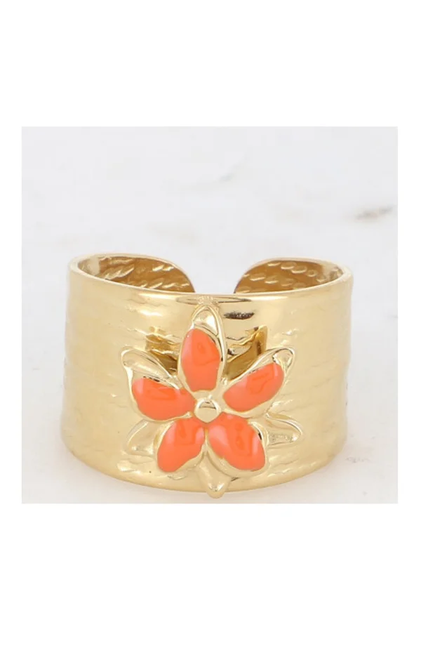 Bague Little Magnolia – Acier inoxydable doré & fleur brique