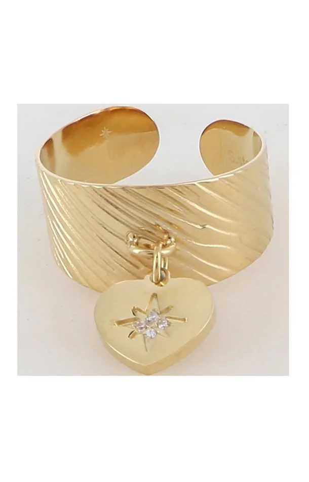 Bague pampille coeur – Acier inoxydable doré& strass doré & blanc