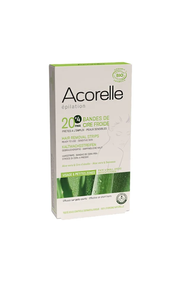 Bandes de cire froide bio – Aloe vera – Visage – Peaux sensibles – 24 bandes