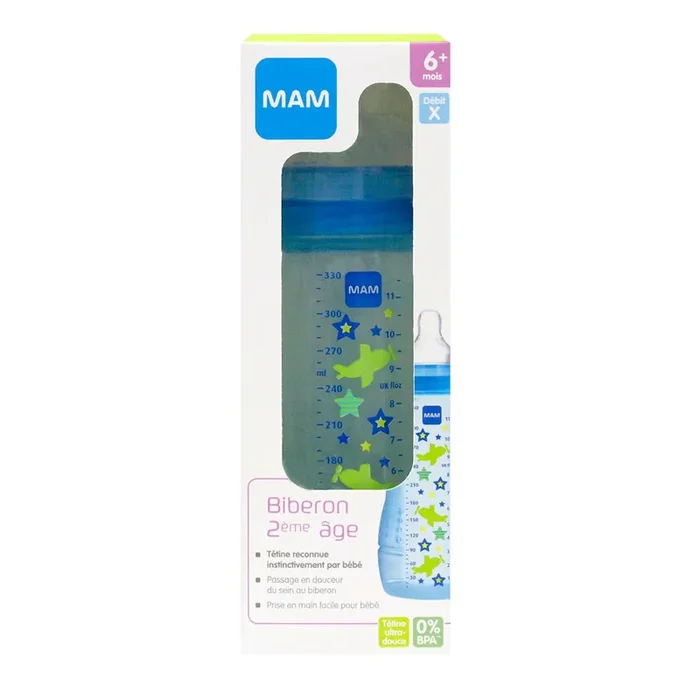 Biberon 2ème âge 6 mois et + 330ml décor bleu