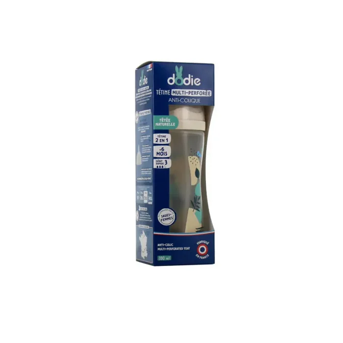 BIBERON ANTI COLIQUE +6 MOIS TETINE MULTI-PERFOREE BLEU 330ML DODIE