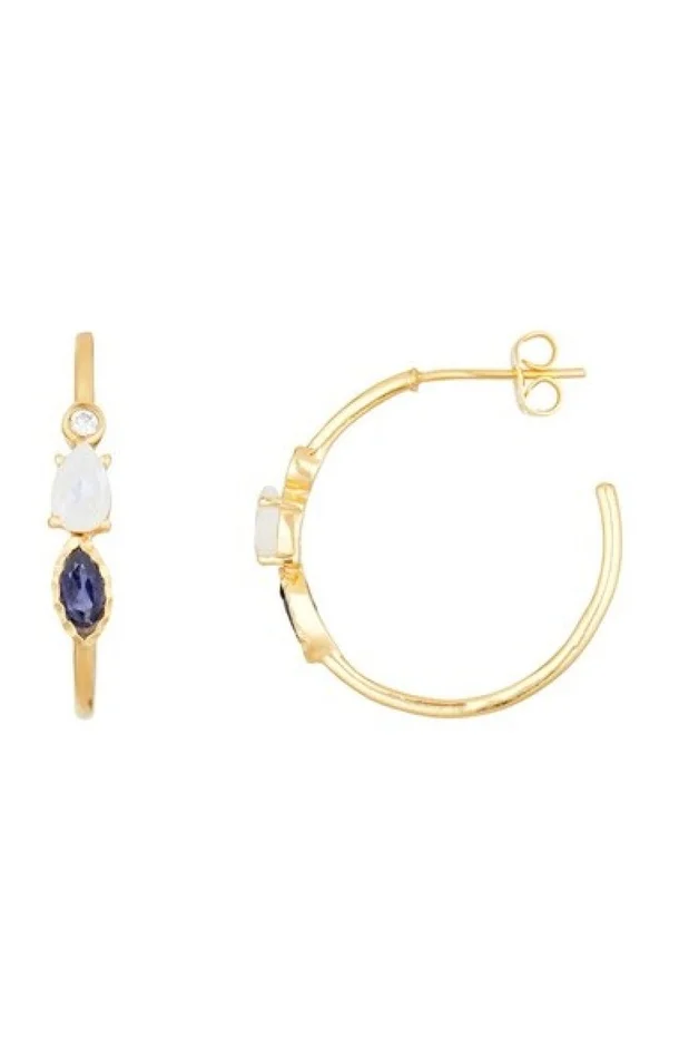 Boucles d’oreilles Blanca – Laiton doré, lolite violette & pierre de lune blanche