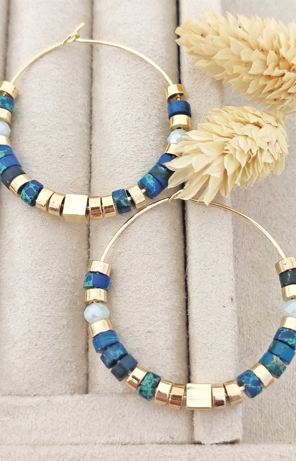 Boucles d’oreilles créoles – Laiton plaqué & pierres turquoise
