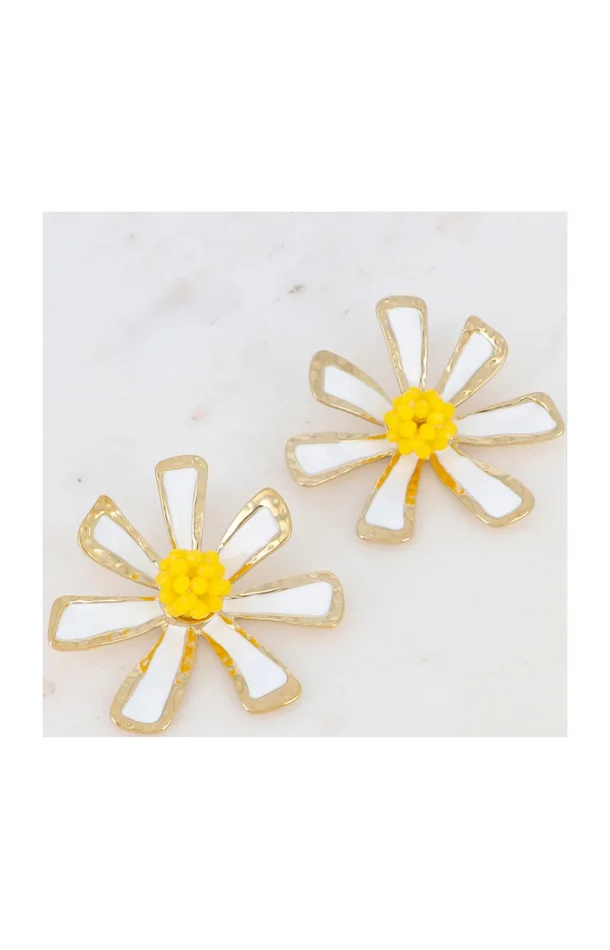 Boucles d’oreilles fleur – Acier inoxydable doré, émail & pâtes de verre