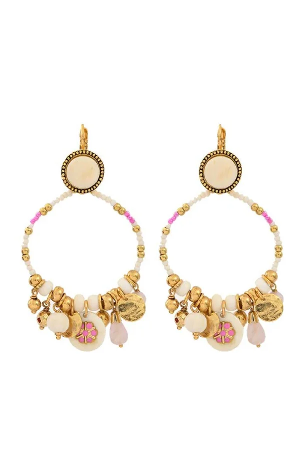 Boucles d’oreilles Lucky Charms – Métal doré, perles de rocaille & quartz rose