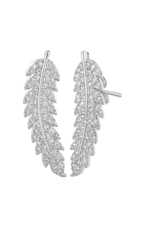 Boucles d’oreilles plumes – Laiton & cristaux – Argenté
