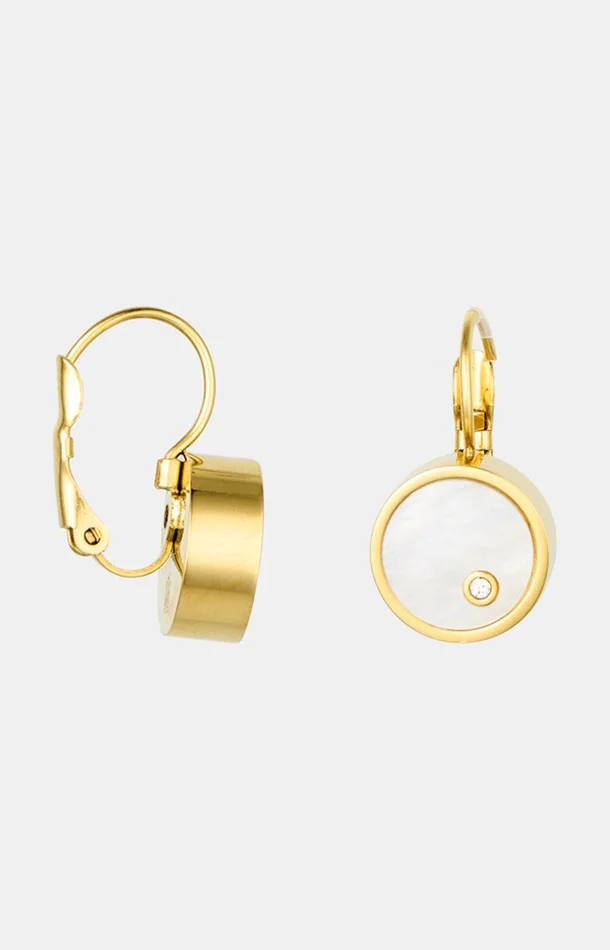 Boucles d’oreilles Big Lina – Acier inoxydable, nacre & cristaux – Doré & blanc