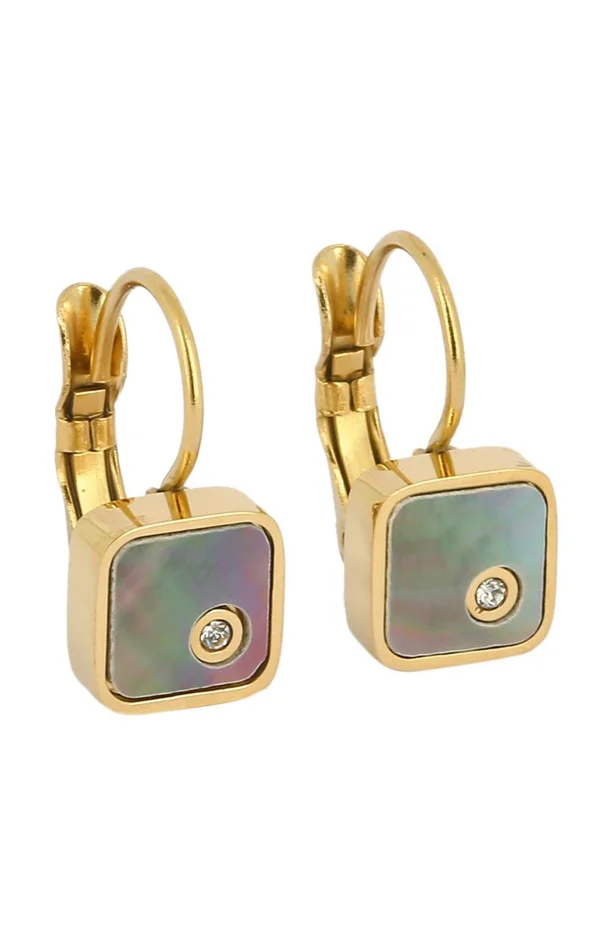 Boucles d’oreilles Kira – Acier inoxydable, nacre & cristaux – Doré & gris