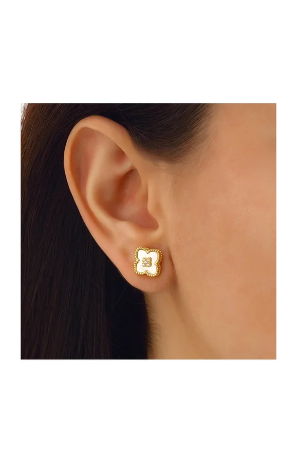 Boucles d’oreilles trèfle doré – Nacre blanche & zircon