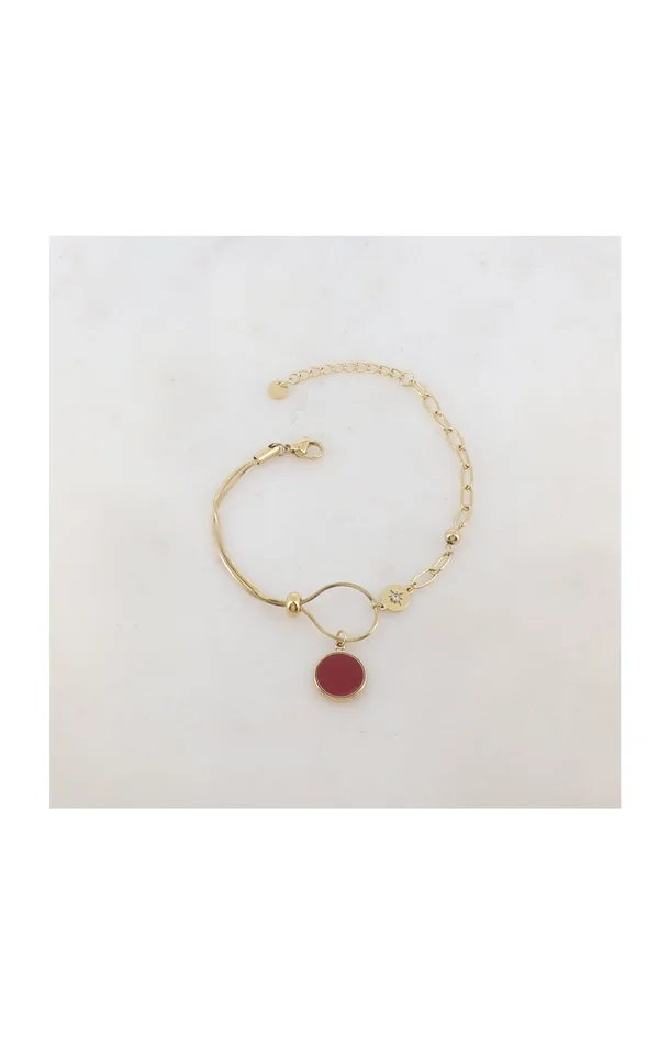 Bracelet – Acier inoxydable, email & strass – Doré & rouge