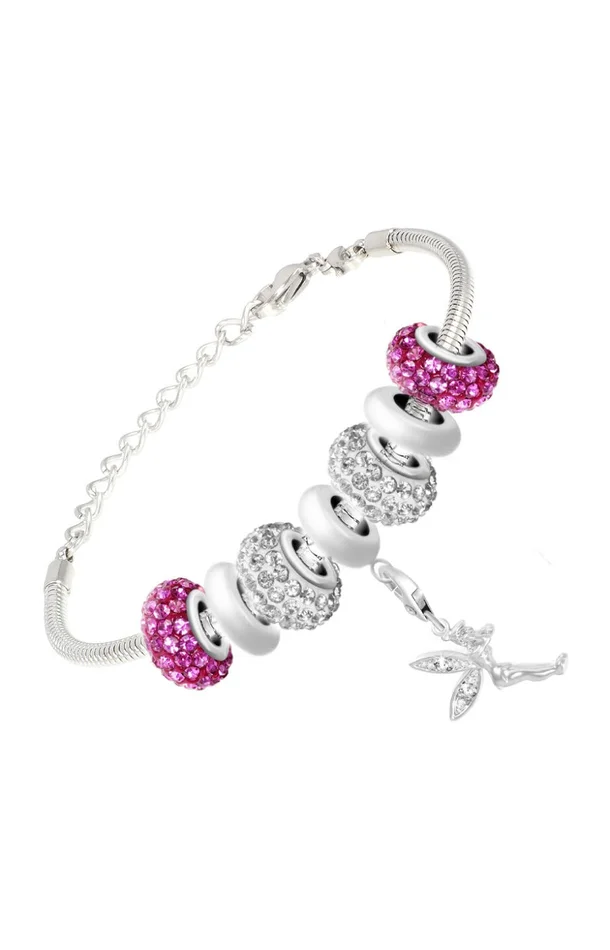 Bracelet – Charms, fée & perles – Acier inoxydable & perles en acier – Argenté & rose