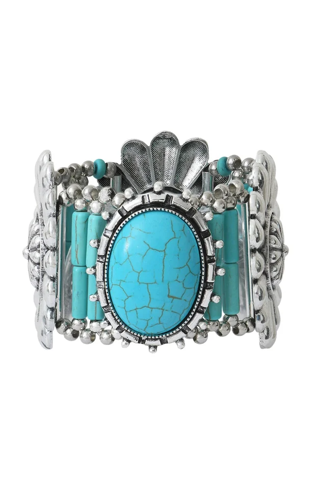 Bracelet Bangle – Métal argenté, turquoise & perles fantaisie