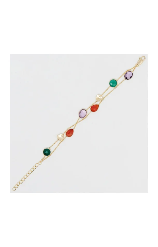 Bracelet Théa – Laiton doré, onyx verte, cornaline & améthyste