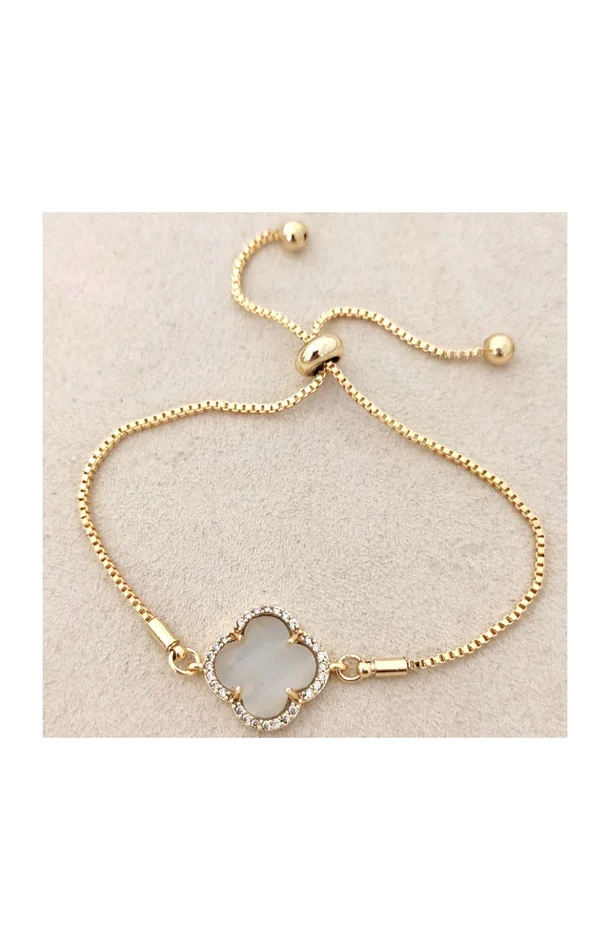 Bracelet trèfle – Laiton plaqué or, pierres d’oeil de chat zircon – Blanc