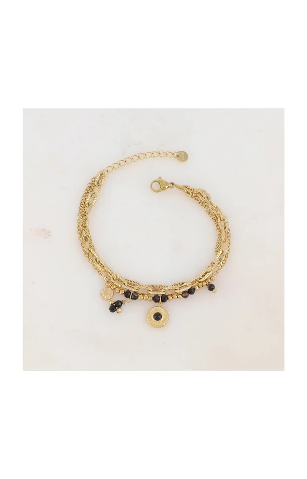 Bracelet triple rangs – Acier inoxydable, agate & zirconium – Doré & noir
