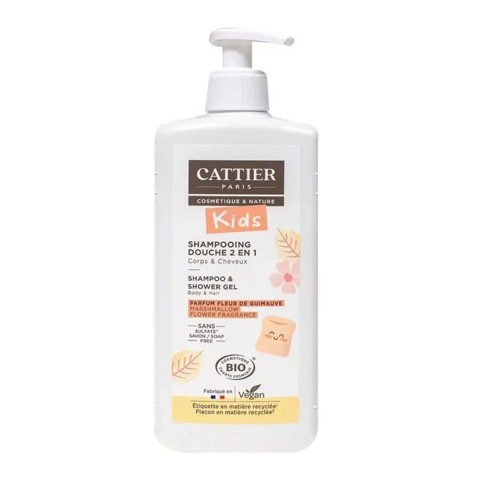 Cattier Kids Shampoing Douche 2 en 1 Corps et Cheveux Sans Savon Parfum Fleur de Guimauve Flacon 500 mL