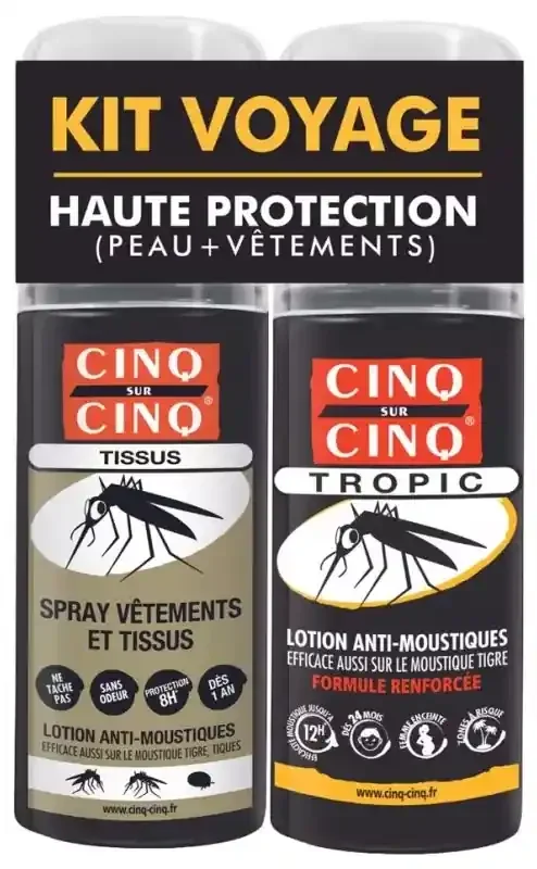 CINQ SUR CINQ Kit Voyage Anti-Moustiques Haute Protection – Peau + Vêtements – Lot de Spray Tropic 75ml + Spray Tissus 100 ml