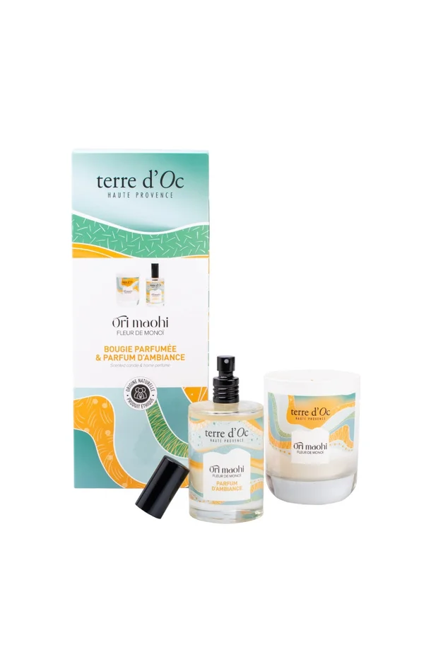 Coffret bougie parfumée & parfum d’ambiance – Fleur de monoï – 2 produits