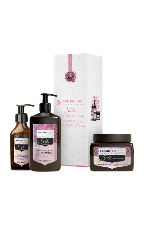Coffret lissant & brillance – Protéine de soie – Cheveux secs & abîmés – 3 produits