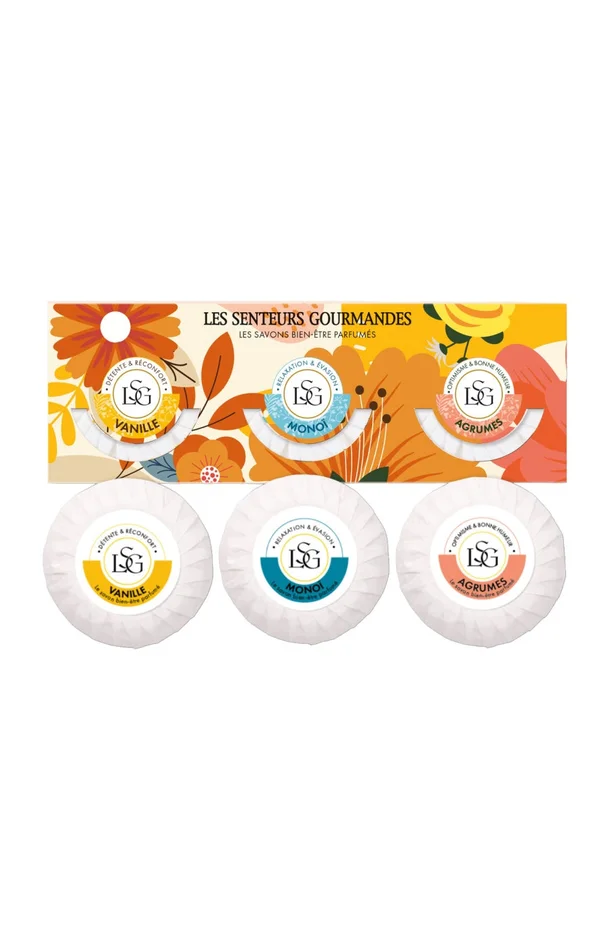 Coffrets savons parfumés – Monoï, vanille & agrumes – 3 x 70 g