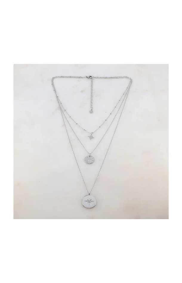 Collier 3 rangs – Acier inoxydable & strass – Argenté & blanc