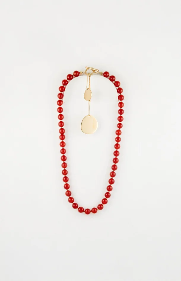 Collier – Acier inoxydable & cornalines – Doré & rouge