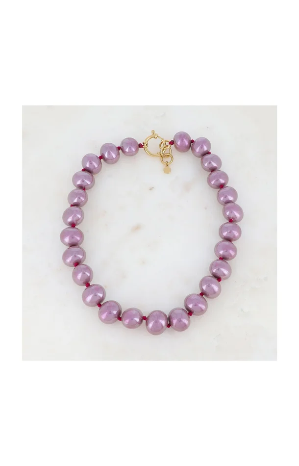Collier à perles sur fils – Acier inoxydable & résine – Doré & violet